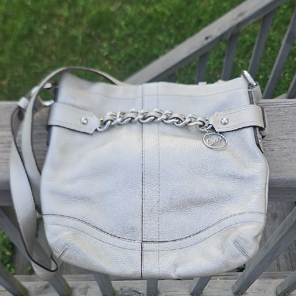 Coach Metallic Silver Leather Chain Duffle Crossbody Bag